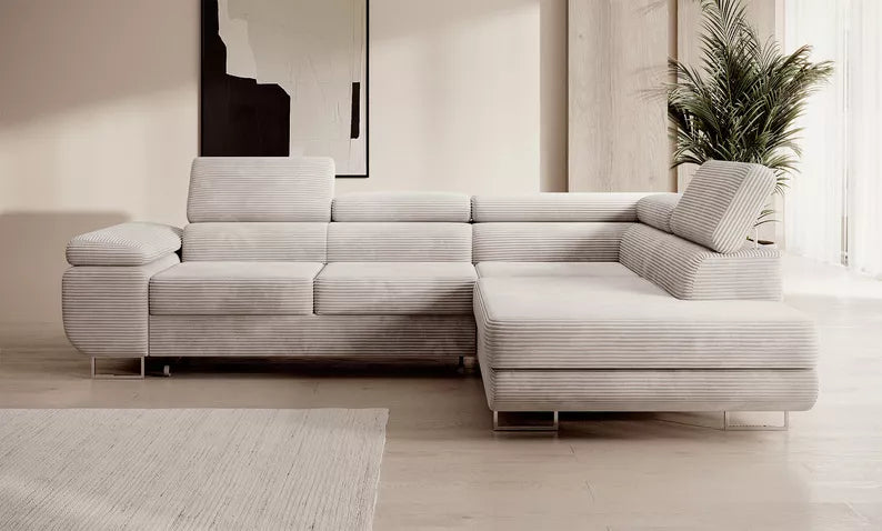 VILSTEV L-formas stūra dīvāns ar gulēšanas funkciju, ar konteineru, pelēks un bēšs velvets laba puse - N1 Home