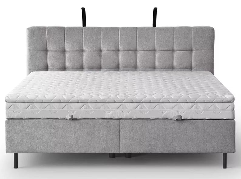 NUNA Kontinentālā gulta 140/160/180x200 cm ar matraci, glabātuvi un LED apgaismojumu, gaiši pelēks samts - N1 Home