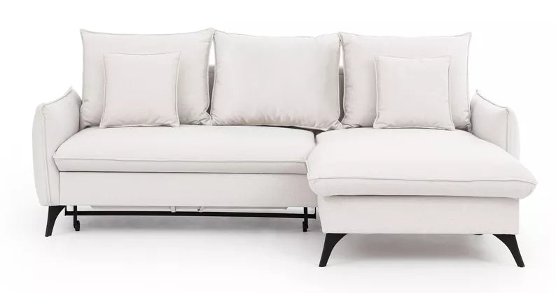 BIANOCA L-veida stūra dīvāns ar gulēšanas funkciju, ar konteineru, gaiši smilškrāsas, viegli tīrāms audums, kreisa/laba puse - N1 Home