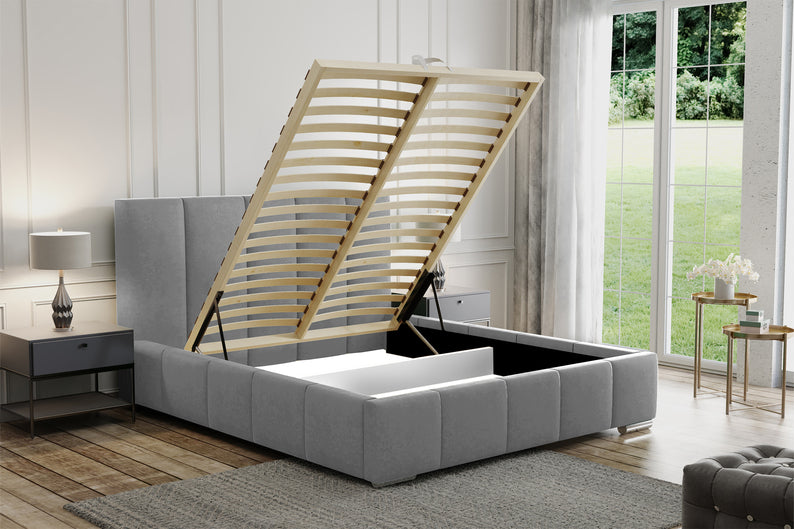 DOBERA Mīkstā gulta 140/160/180x200 cm ar glabātuvi, pelēka, hidrofobā audumā - N1 Home