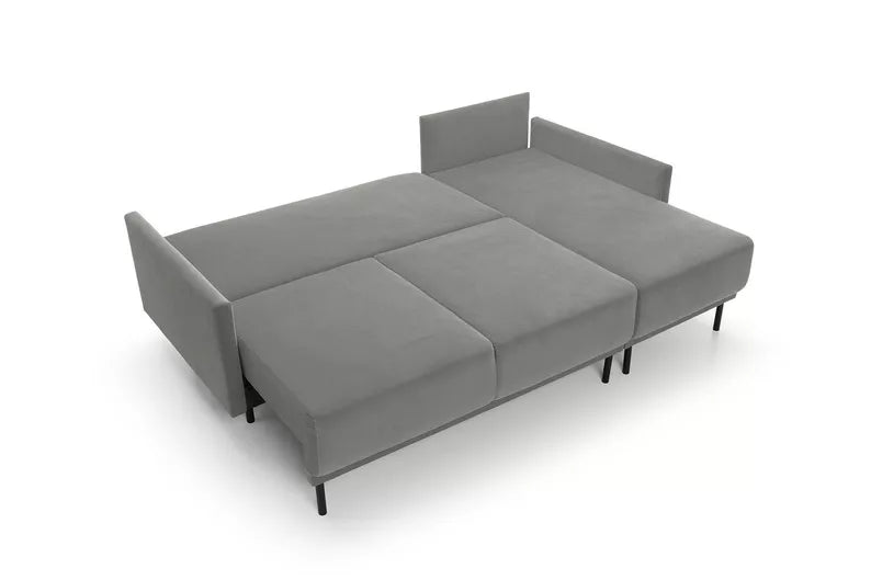 NOMIEL L-formas izvelkamais stūra dīvāns ar konteineru, universāls pelēks hidrofobs samts - N1 Home