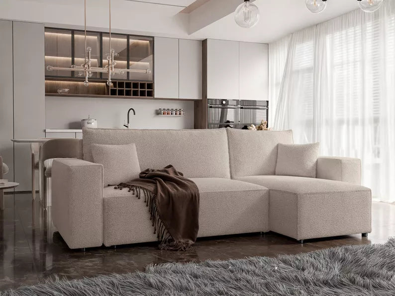 CARLO L-veida stūra dīvāns ar gulēšanas funkciju, ar konteineri, universāls, gaiši bēšs bukle - N1 Home