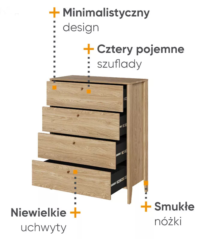 ZOCY Kumode ar četrām atvilktnēm, 92 cm, eļļots ozols - N1 Home