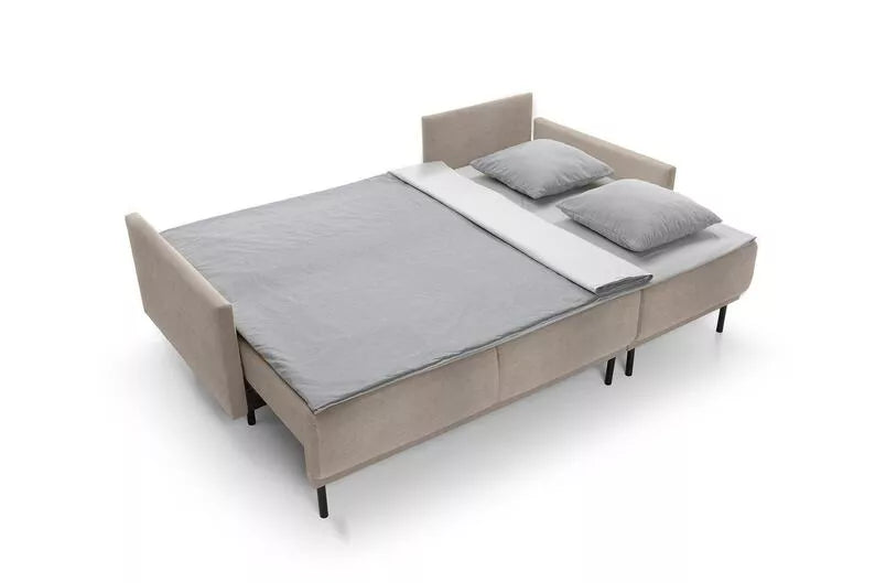 NOMIEL L-formas izvelkamais stūra dīvāns ar konteineru, pelēki bēšs hidrofoba audums - N1 Home