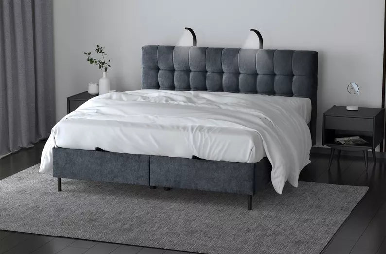 NUNA Kontinentālā gulta 140/160/180x200 cm ar matraci, glabātuvi un LED apgaismojumu, tumši pelēks samts - N1 Home