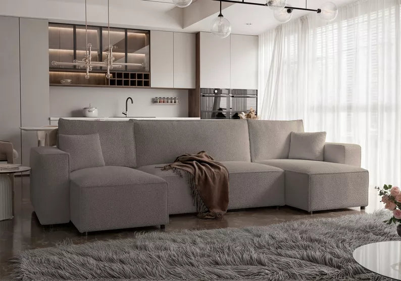 CARLO U-veida stūra dīvāns ar gulēšanas funkciju, ar konteineri, universāls, gaiši brūns bukle - N1 Home