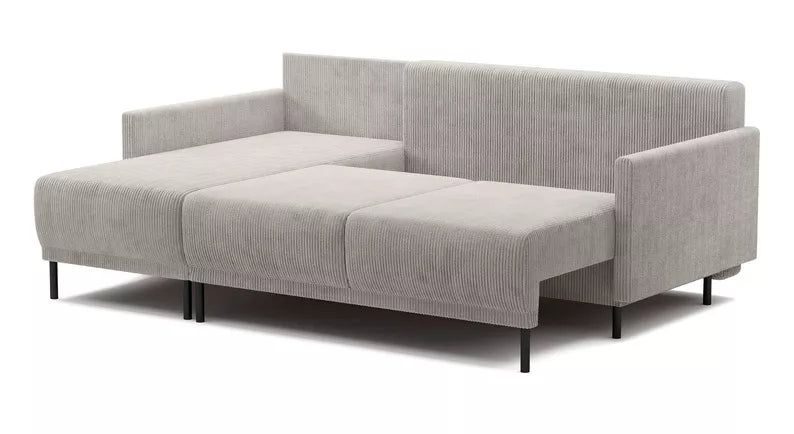 NOMIEL L-formas izvelkamais stūra dīvāns ar konteineru, universāls gaiši smilškrāsas velvets - N1 Home