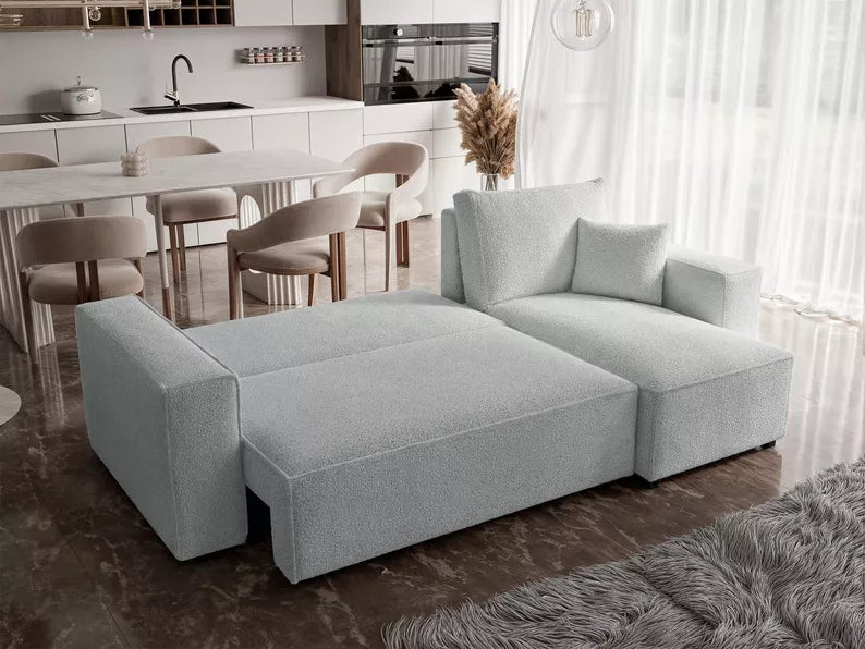 CARLO L-veida stūra dīvāns ar gulēšanas funkciju, ar konteineri, universāls, gaiši pelēks bukle - N1 Home