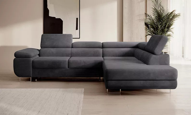 VILSTEV L-formas stūra dīvāns ar gulēšanas funkciju, ar konteineru,  tumši pelēks velvets, kreisa/laba puse - N1 Home