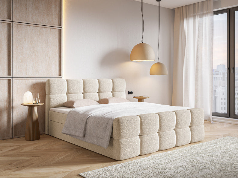 CLOD Kontinentālā gulta 140/160/180x200 cm ar konteineriem, gaiši smilškrāsas bukle - N1 Home