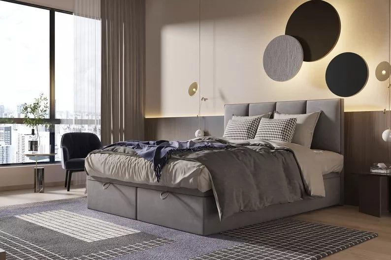 CATALEMER Kontinentālā gulta 140/160/180/200 x200 cm ar matraci un konteineriem, pelēks samts - N1 Home