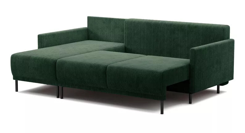 NOMIEL L-formas izvelkamais stūra dīvāns ar konteineru, universāls tumši zaļš velvets - N1 Home
