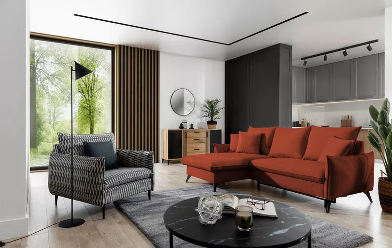 BIANOCA L-veida stūra dīvāns ar gulēšanas funkciju, ar konteineru, sarkans hidrofobs samts, kreisa/laba puse - N1 Home