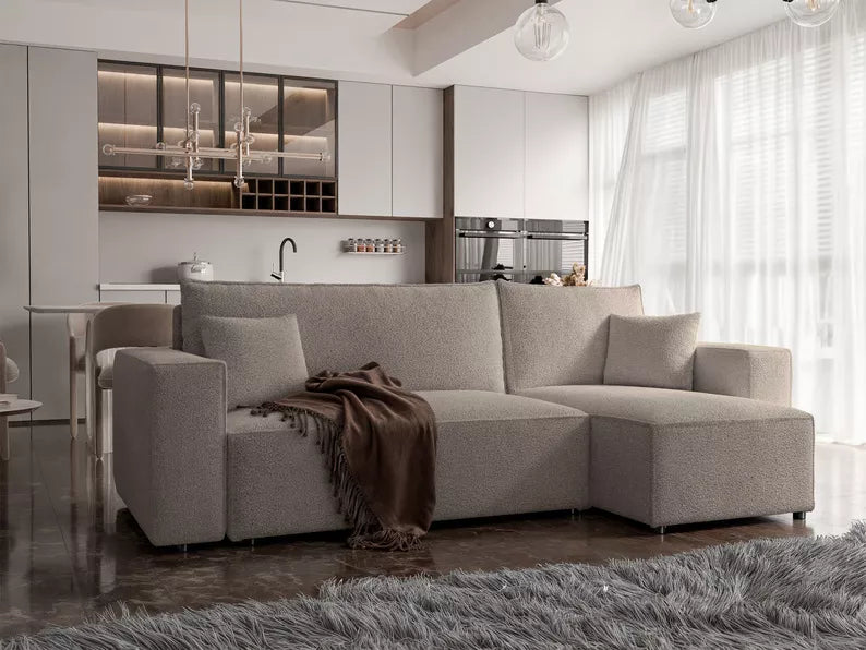 CARLO L-veida stūra dīvāns ar gulēšanas funkciju, ar konteineri, universāls, gaiši brūns bukle - N1 Home