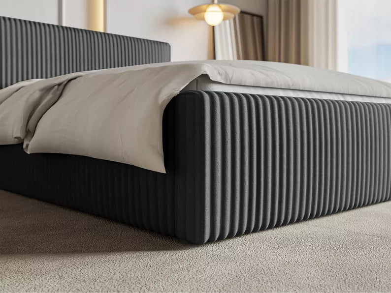 LIOTI Mīkstā gulta 140/160/180x200 cm  ar glabātuvi, metāla rāmis, pelēks biezs velvets - N1 Home