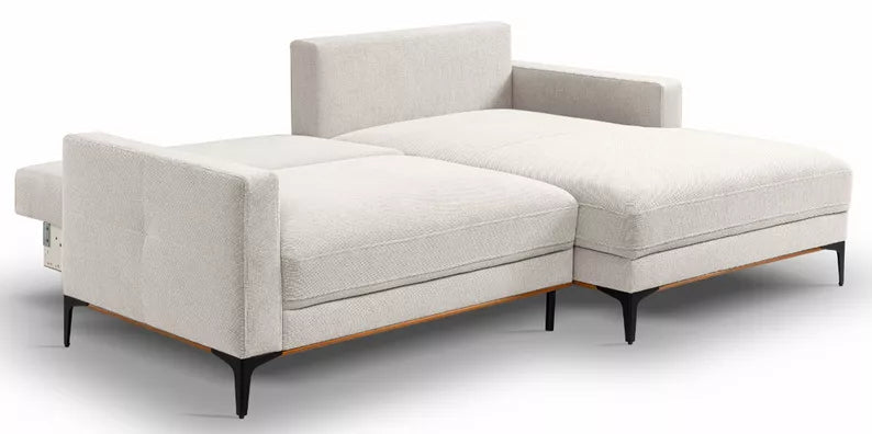 DASSINO L-formas stūra dīvāns ar gulēšanas funkciju ar glabātuvi, balts hidrofobs šenils, kreisa/laba puse - N1 Home