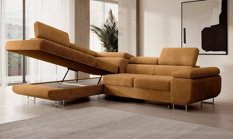 VILSTEV L-formas stūra dīvāns ar gulēšanas funkciju, ar konteineru, sinepju velveta, kreisa/laba puse - N1 Home