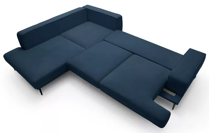 SITOME L-formas dīvāns ar gulēšanas funkciju, tumši zils samts, melnas kājas, kreisa/laba puse - N1 Home