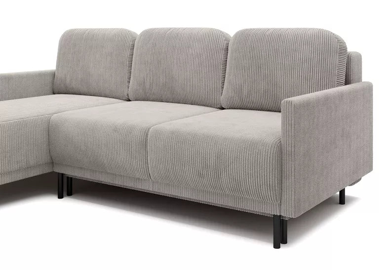 NOMIEL L-formas izvelkamais stūra dīvāns ar konteineru, universāls gaiši smilškrāsas velvets - N1 Home