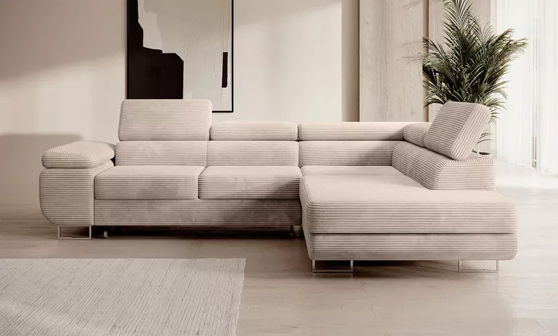 VILSTEV L-formas stūra dīvāns ar gulēšanas funkciju, ar konteineru, tumši bēšs velvets, laba puse - N1 Home