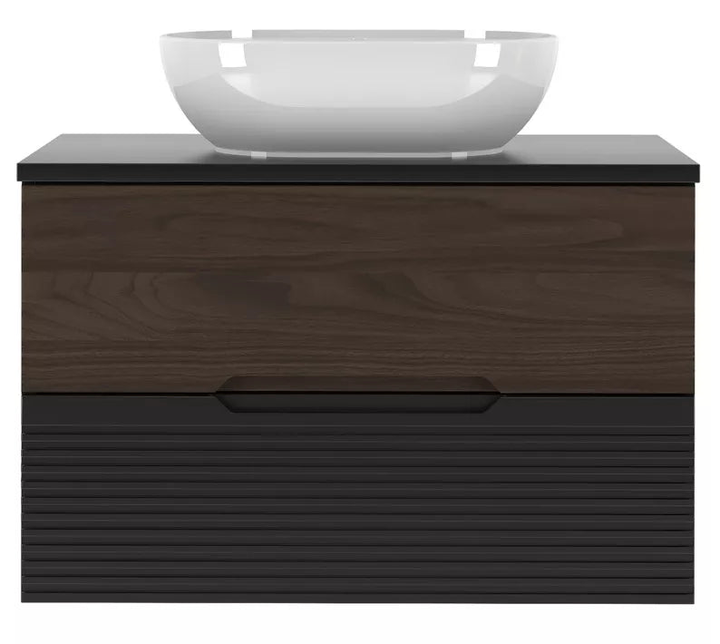 VELAV Vannas istabas skapis ar darba virsmu un izlietni, 80 cm, rievota priekšpuse, matēts melns / riekstkoks - N1 Home