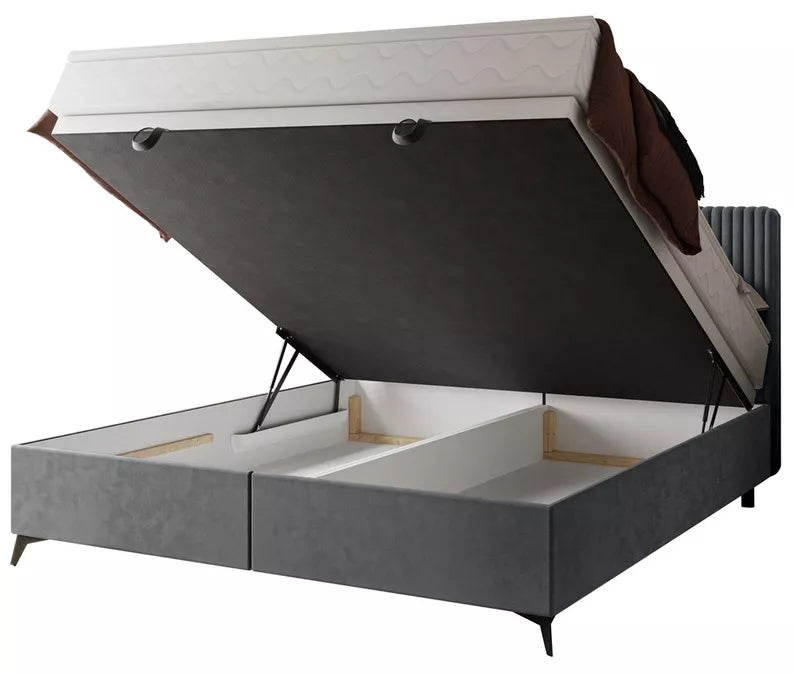 WOFAL Kontinentālā gulta 140/160/180x200 cm ar matraci un glabātuvi, pelēks biezs velvets - N1 Home