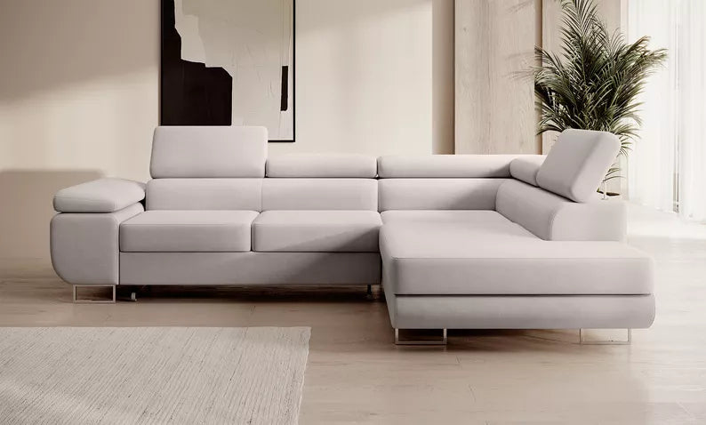 VILSTEV L-formas stūra dīvāns ar gulēšanas funkciju, ar konteineru, krēmīgs viegli tīrāms samts, kreisa/laba puse - N1 Home