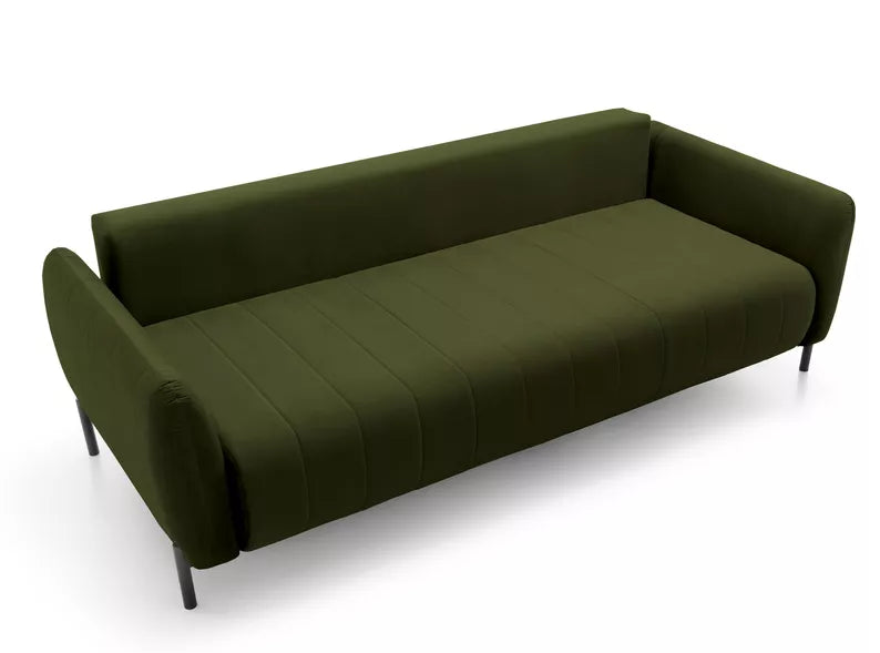 LEVA Olīvzaļš trīsvietīgs dīvāns ar konteineru, no hidrofobiskā velūra auduma, melnām kājām - N1 Home