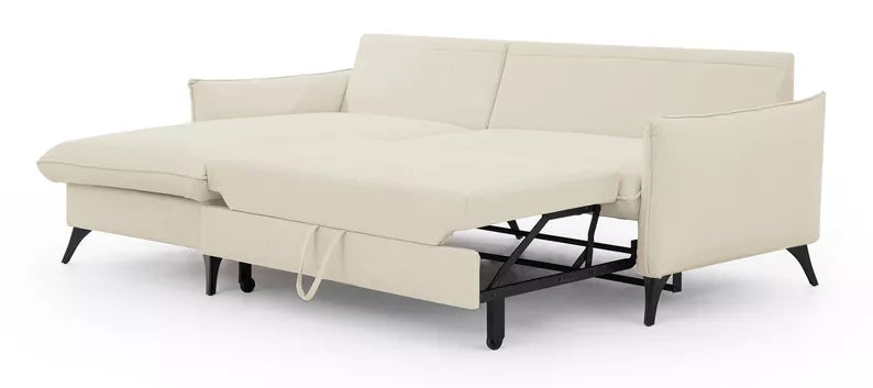 BIANOCA L-veida stūra dīvāns ar gulēšanas funkciju, ar konteineru, krēmkrāsas hidrofobs samts , kreisa/laba puse - N1 Home