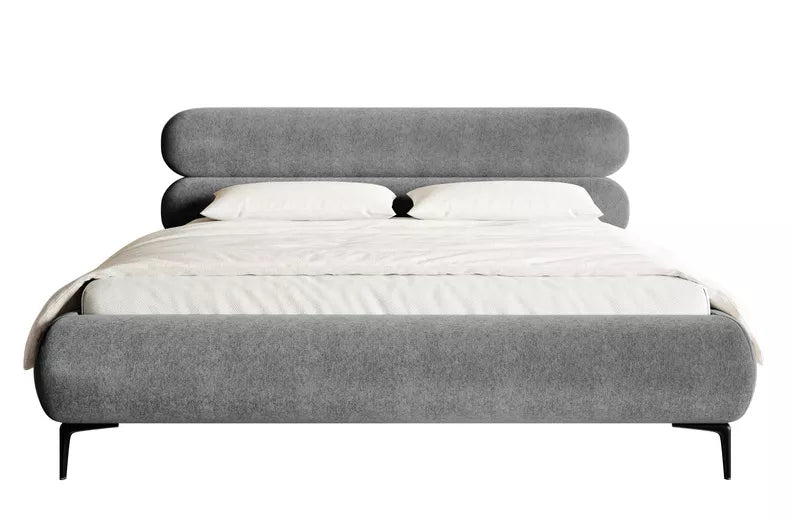 LOURE Mīkstā gulta 140/160/180x200 cm ar glabātuvi, metāla rāmis, pelēks hidrofobs samts, melnas kājas - N1 Home