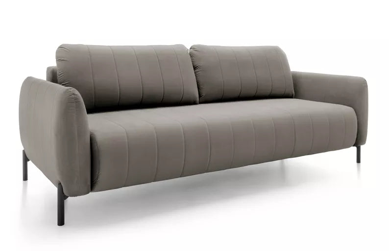 LEVA Pelēks trīsvietīgs dīvāns ar konteineru, no hidrofobiskā velūra auduma, melnām kājām - N1 Home