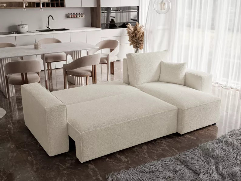 CARLO L-veida stūra dīvāns ar gulēšanas funkciju, ar konteineri, universāls, krēmkrāsas bukle - N1 Home