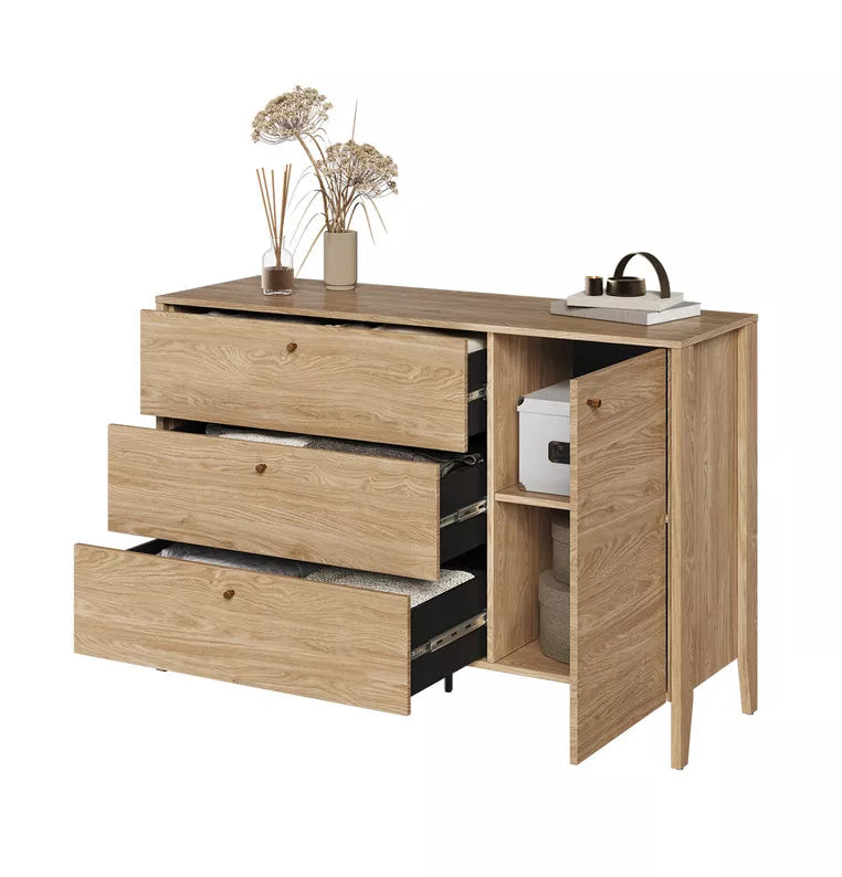 ZOCY Viendurvju kumode ar trim atvilktnēm, 136 cm, eļļots ozols - N1 Home