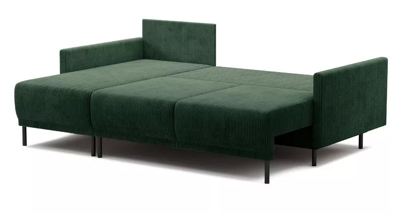 NOMIEL L-formas izvelkamais stūra dīvāns ar konteineru, universāls tumši zaļš velvets - N1 Home