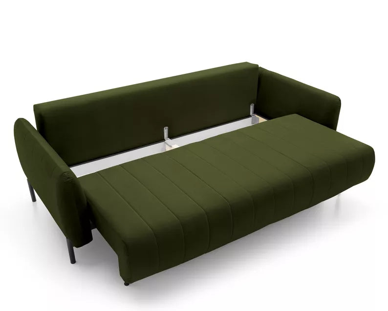 LEVA Olīvzaļš trīsvietīgs dīvāns ar konteineru, no hidrofobiskā velūra auduma, melnām kājām - N1 Home