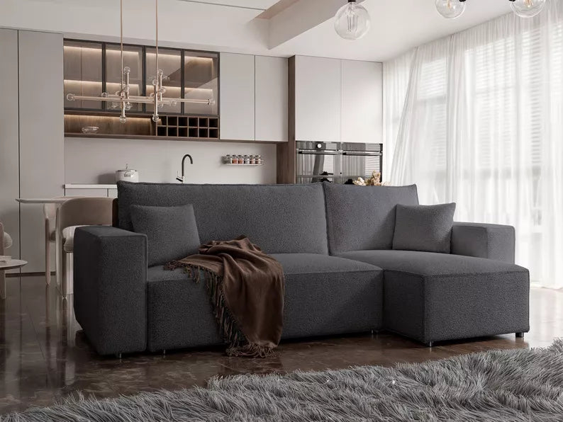 CARLO L-veida stūra dīvāns ar gulēšanas funkciju, ar konteineri, universāls, tumši pelēks bukle - N1 Home