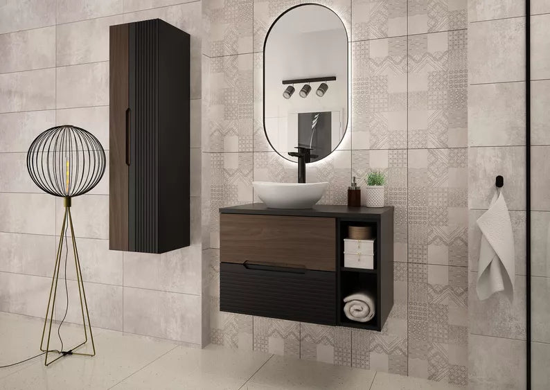 VELAV Vannas istabas skapis ar darba virsmu un plauktiem, 80 cm, rievota priekšpuse, matēts melns / riekstkoks - N1 Home