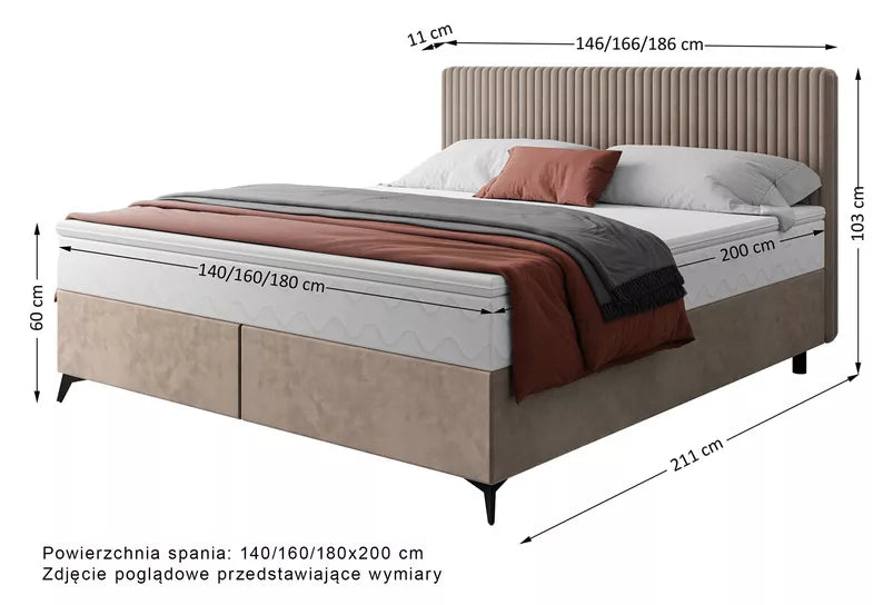 WOFAL Kontinentālā gulta 140/160/180x200 cm ar matraci un glabātuvi, pelēks biezs velvets - N1 Home