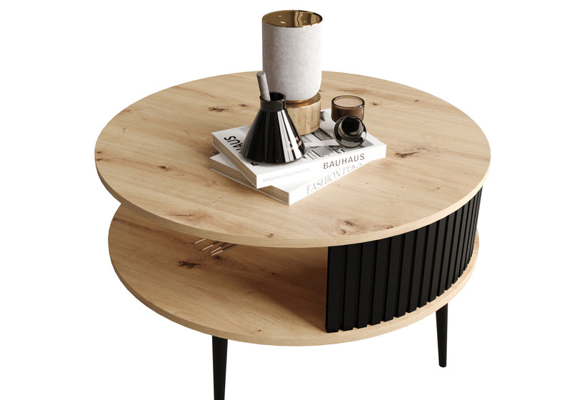 DIVIANO Apaļš kafijas galdiņš 76 cm, artisan ozols ar rievotu melnu sānu malu - N1 Home