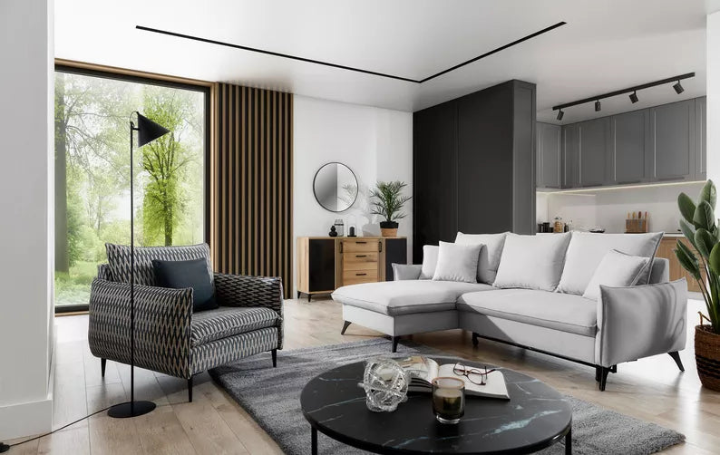 BIANOCA L-veida stūra dīvāns ar gulēšanas funkciju, ar konteineru, pelēks, viegli tīrāms audums, kreisa/laba puse - N1 Home