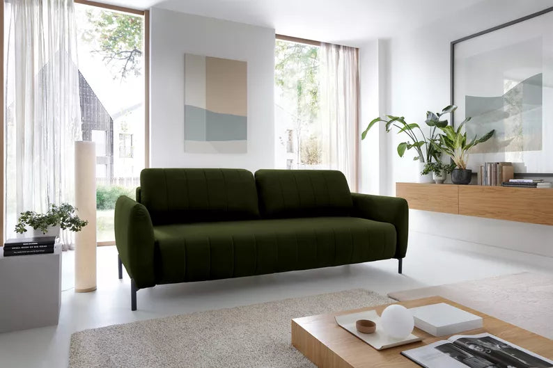 LEVA Olīvzaļš trīsvietīgs dīvāns ar konteineru, no hidrofobiskā velūra auduma, melnām kājām - N1 Home