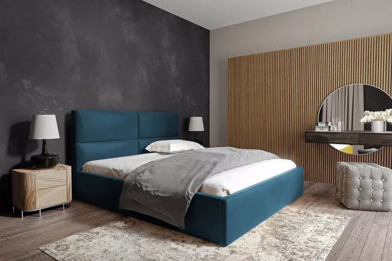 MAHEL Polsterēta gulta 140/160/180x200 cm ar glabātuvi, zils samts - N1 Home