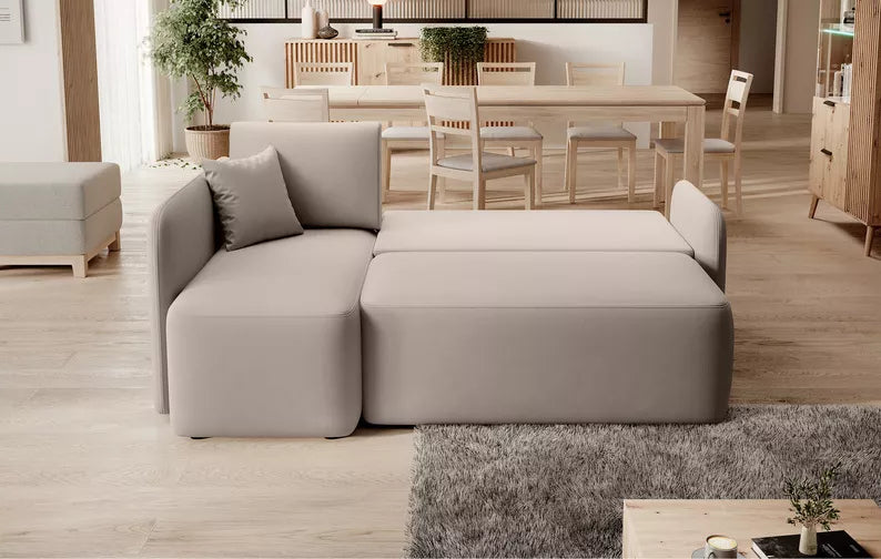 CATO L-formas stūra dīvāns ar gulēšanas funkciju, ar konteineru, smilškrāsas, kreisa/laba puse - N1 Home