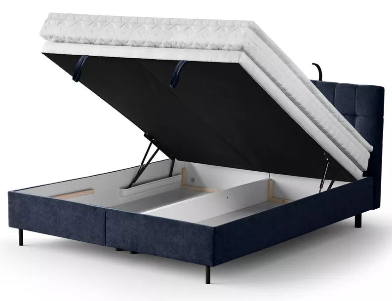 NUNA Kontinentālā gulta 140/160/180x200 cm ar matraci, glabātuvi un LED apgaismojumu, tumši zils samts - N1 Home