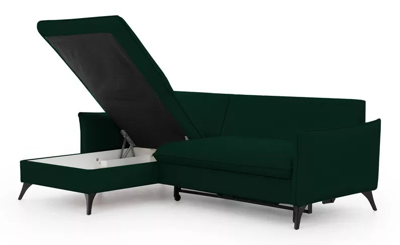 BIANOCA L-veida stūra dīvāns ar gulēšanas funkciju, ar konteineru, tumši zaļš hidrofobs samts , kreisa/laba puse - N1 Home
