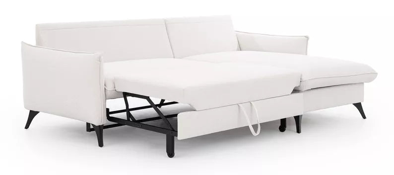 BIANOCA L-veida stūra dīvāns ar gulēšanas funkciju, ar konteineru, gaiši smilškrāsas, viegli tīrāms audums, kreisa/laba puse - N1 Home