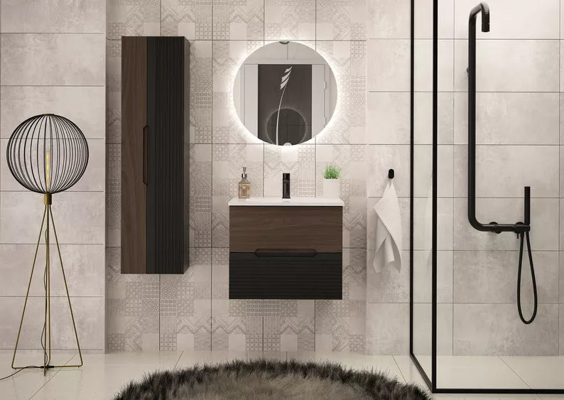 VELAV Izlietnes skapis, 80 cm, rievota priekšpuse, matēts melns/valrieksts - N1 Home