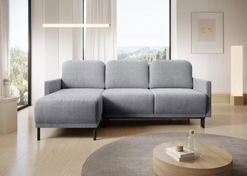 NOMIEL L-formas izvelkamais stūra dīvāns ar konteineru, universāls gaiši pelēks velvets - N1 Home