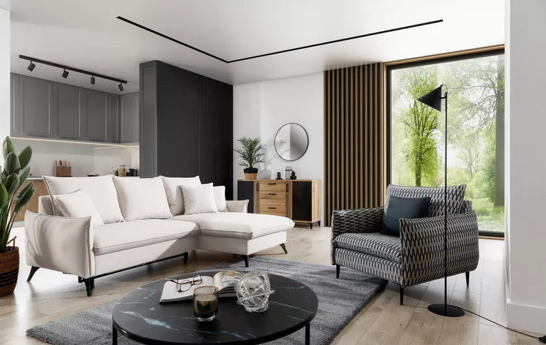 BIANOCA L-veida stūra dīvāns ar gulēšanas funkciju, ar konteineru, gaiši smilškrāsas, viegli tīrāms audums, kreisa/laba puse - N1 Home