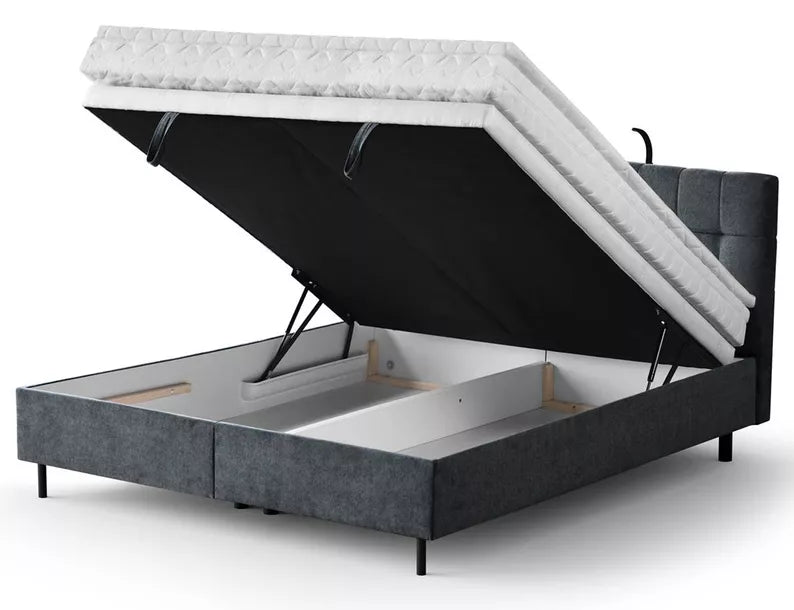 NUNA Kontinentālā gulta 140/160/180x200 cm ar matraci, glabātuvi un LED apgaismojumu, tumši pelēks samts - N1 Home